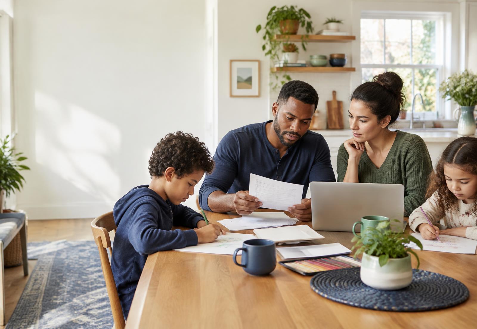 A family reviewing household expenses together at their kitchen table